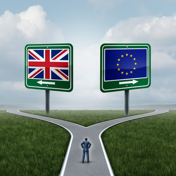 Britain European Union question as a brexit concept pertaining to the UK vote confusion and Euro zone and Europe membership British decision as a person standing on a crossroad dilemma with flags on road signs with 3D illustration elements.
