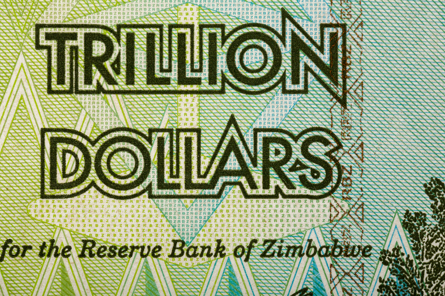 Macro of Zimbabwe twenty billion dollars banknote. Now void currency. Inflation concept